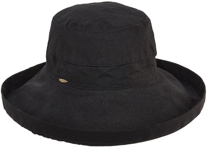 Black Scala bucket hat with a wide brim, suitable for casual outdoor activities and sun protection.