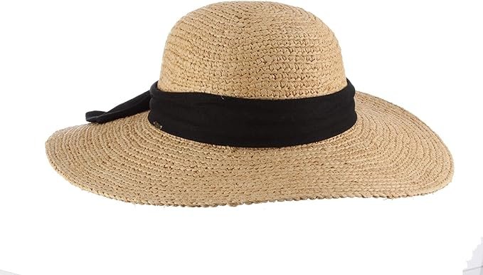 Beige Scala sun hat with a wide brim and a black ribbon band, offering a chic and fashionable look for outdoor wear.