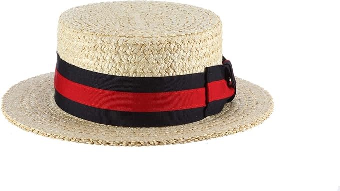 Beige Scala boater hat with a flat top and a red-and-black striped band, providing a classic, timeless look