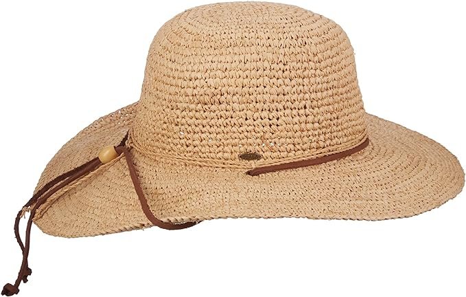 Natural-colored Scala straw hat with a wide brim and a leather chin strap, perfect for outdoor adventures.