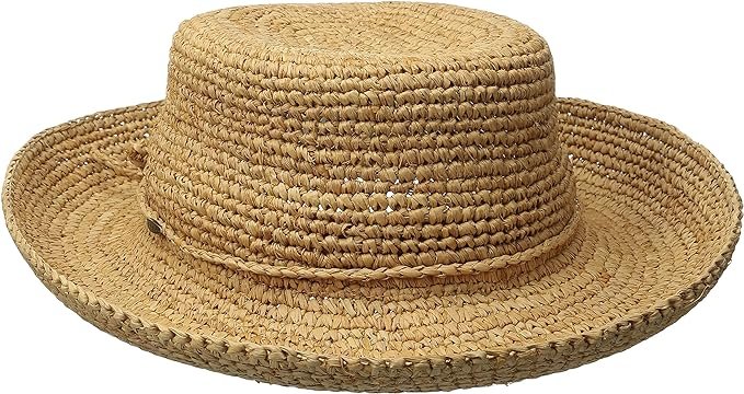 Natural-colored Scala straw boater hat with a flat top and wide brim, ideal for classic and stylish sun protection.