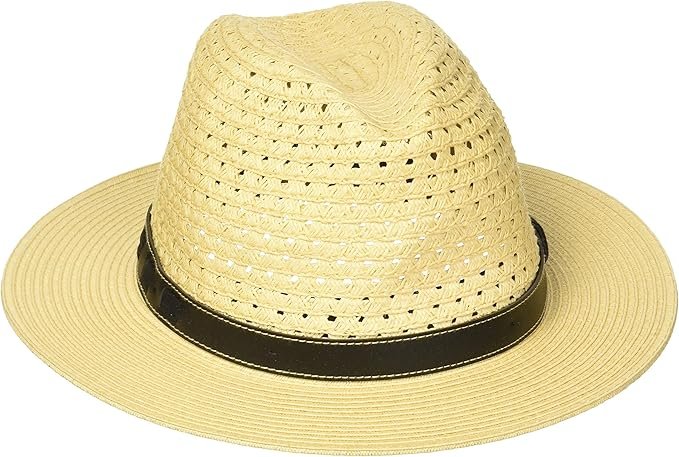 Light brown Scala straw hat with a wide brim and a fabric band, ideal for sunny outdoor wear